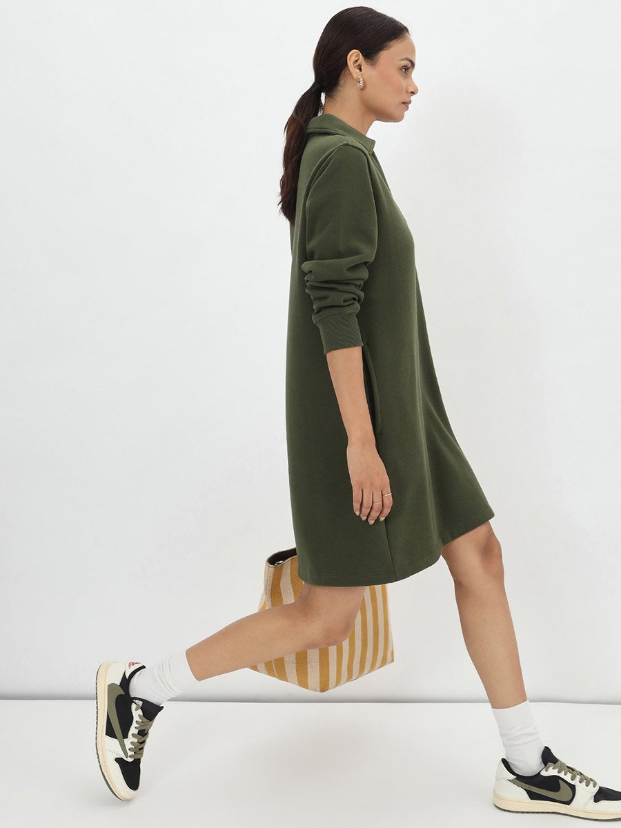 Olive Fleece Mini Shirt Dress