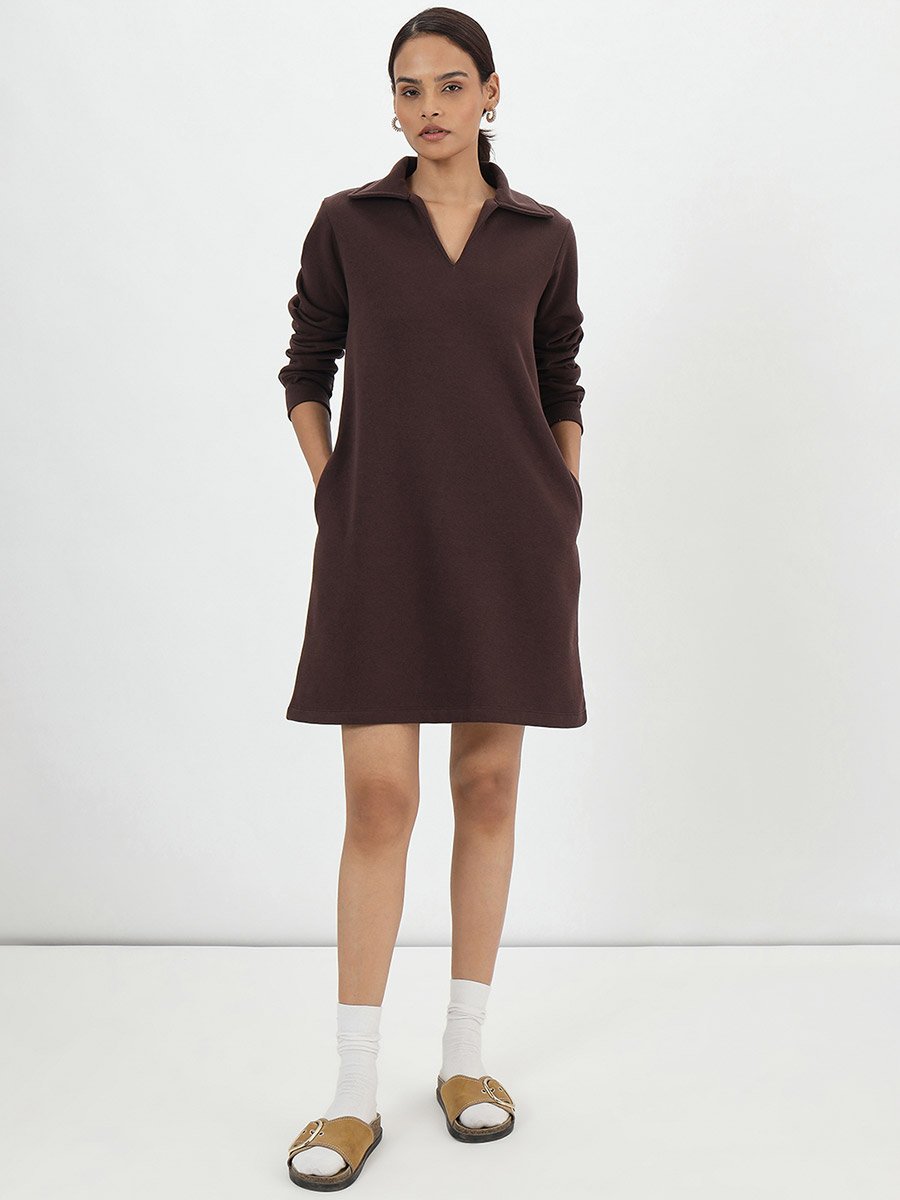 Coffee Brown Fleece Mini Shirt Dress