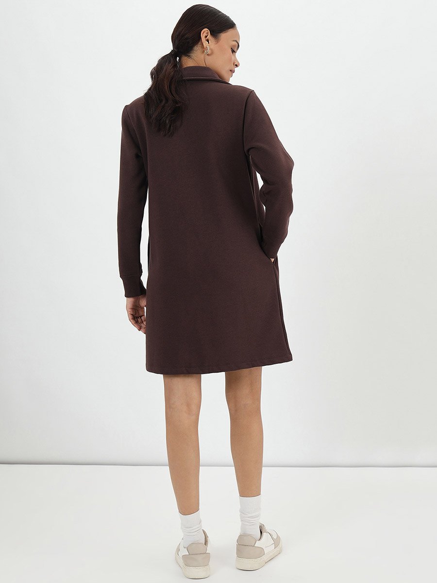 Coffee Brown Fleece Mini Shirt Dress