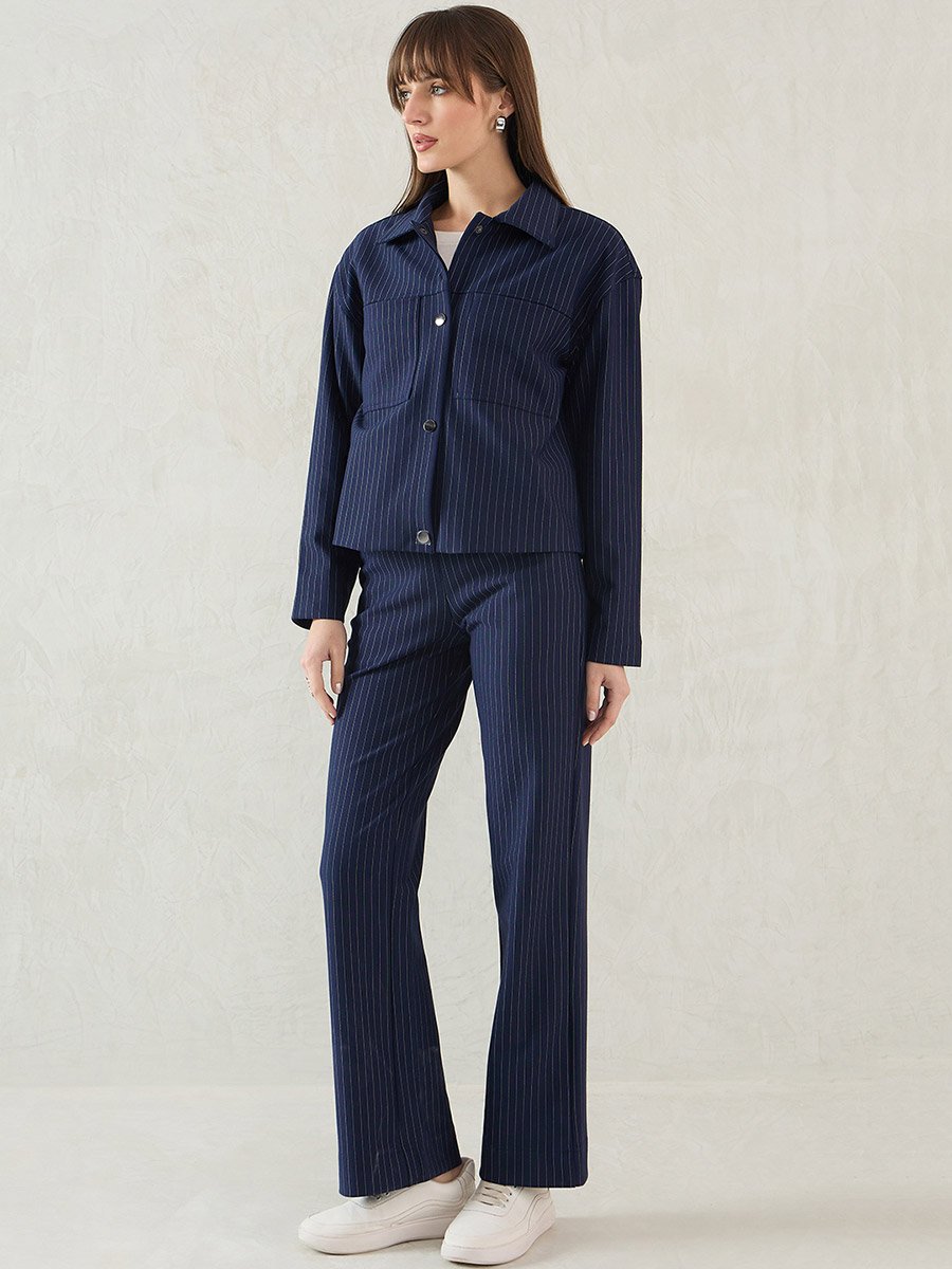 Women Navy Blue Striped Jacket