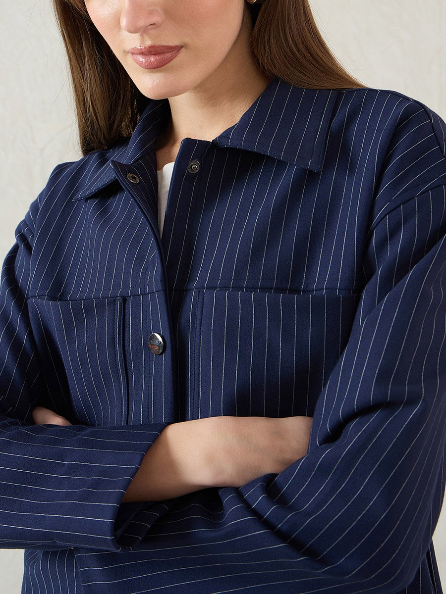 Women Navy Blue Striped Jacket