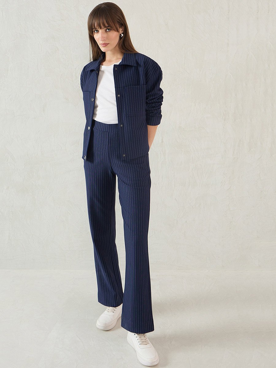 Women Navy Blue Striped Jacket