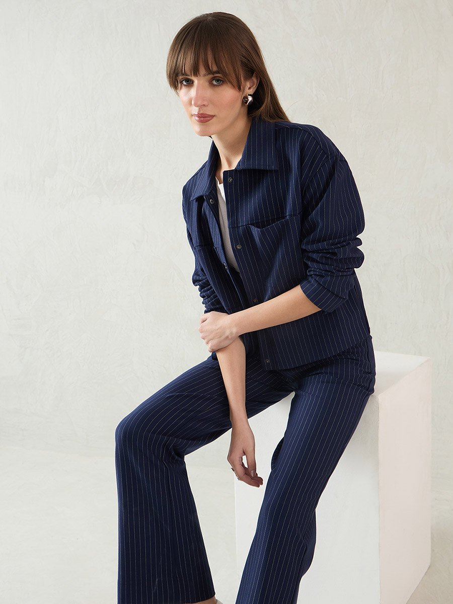 Women Navy Blue Striped Jacket