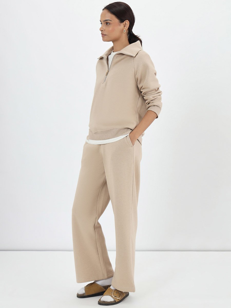 Beige Half Zipper Fleece Sweatshirt