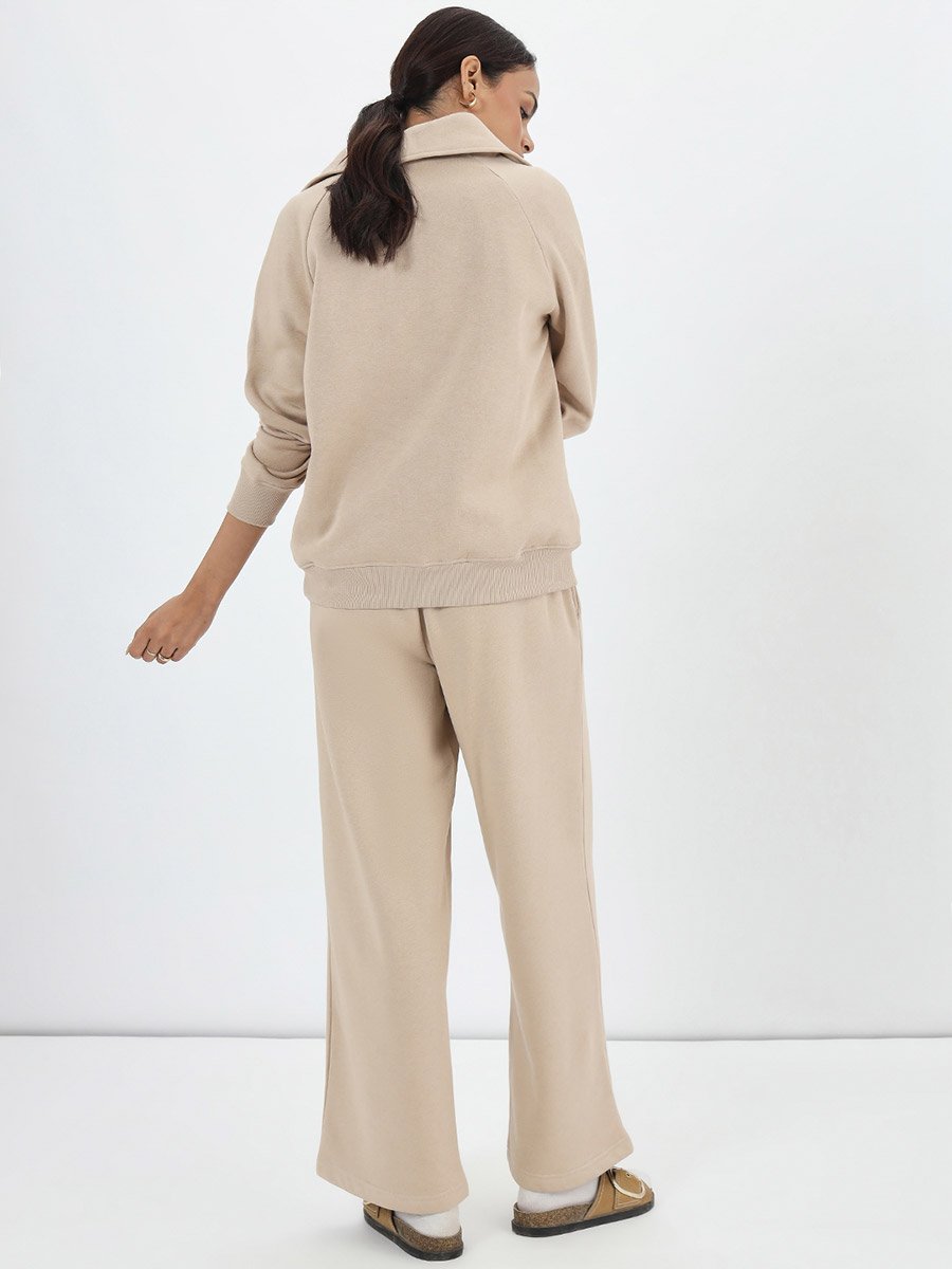 Beige Half Zipper Fleece Sweatshirt