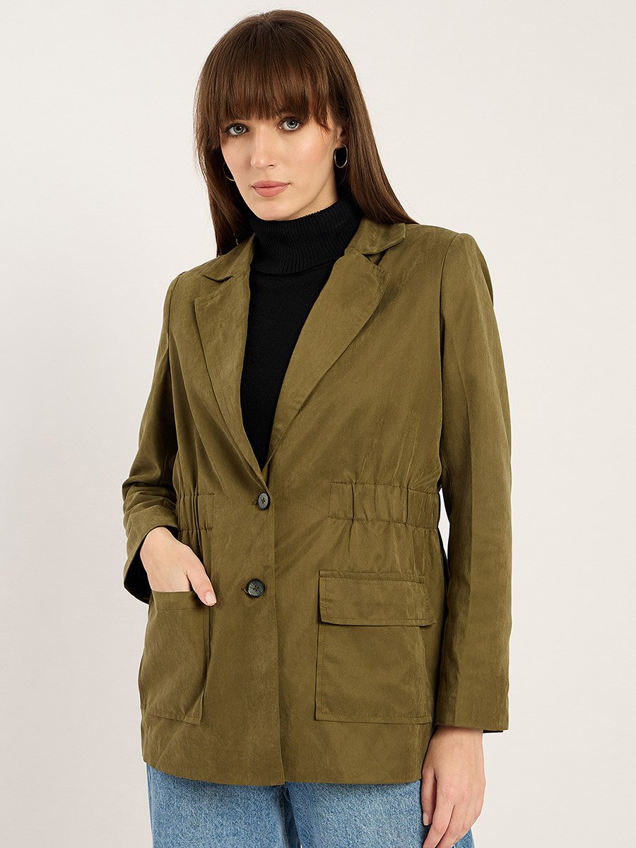Women Olive Cinched Waist Blazer