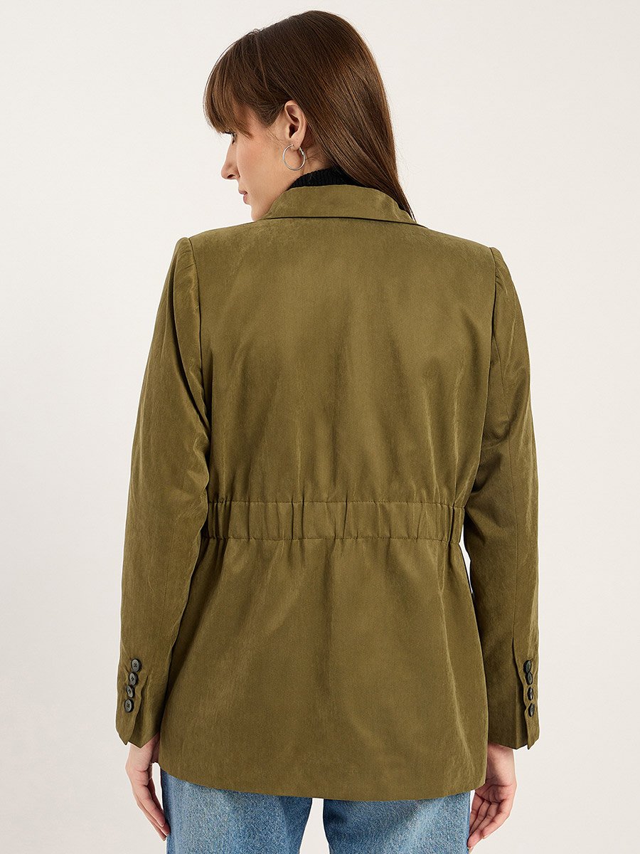 Women Olive Cinched Waist Blazer
