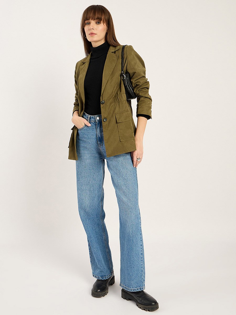 Women Olive Cinched Waist Blazer