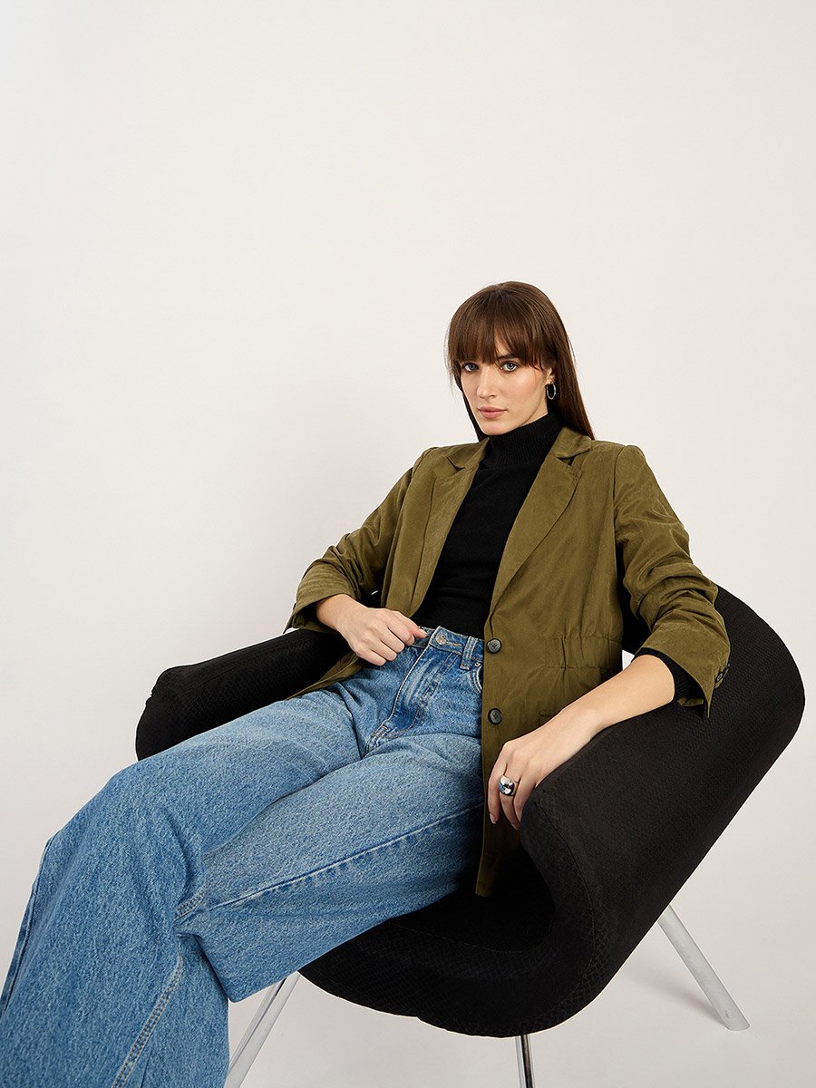 Women Olive Cinched Waist Blazer