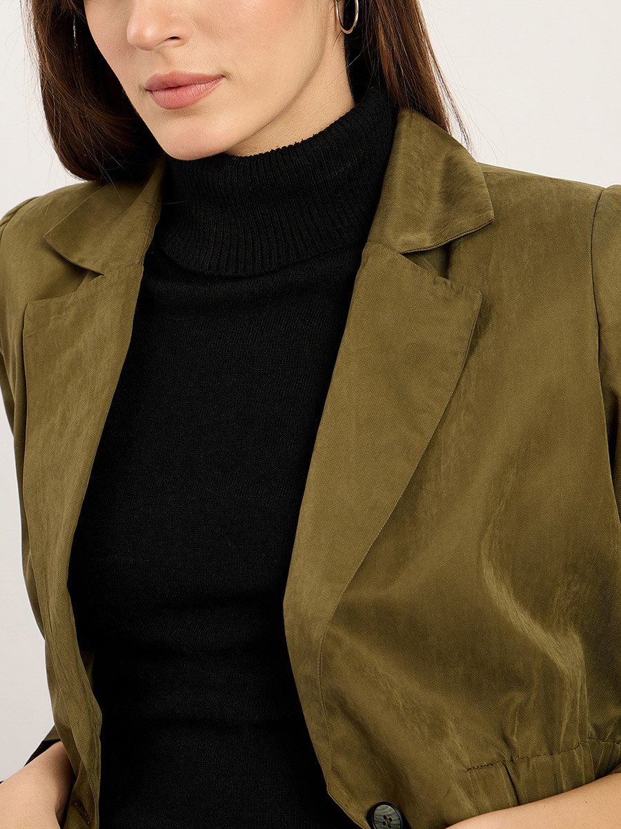 Women Olive Cinched Waist Blazer