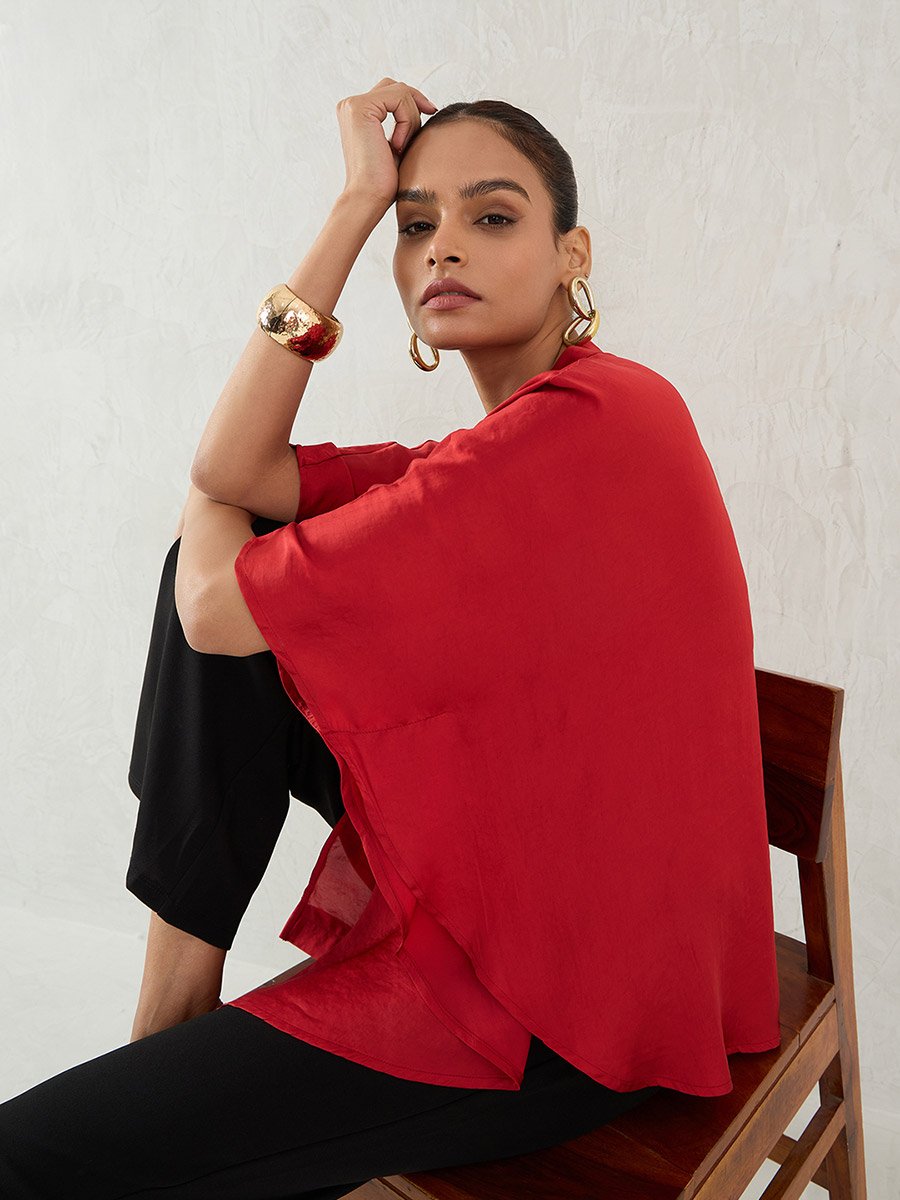 Red Satin Oversized Top
