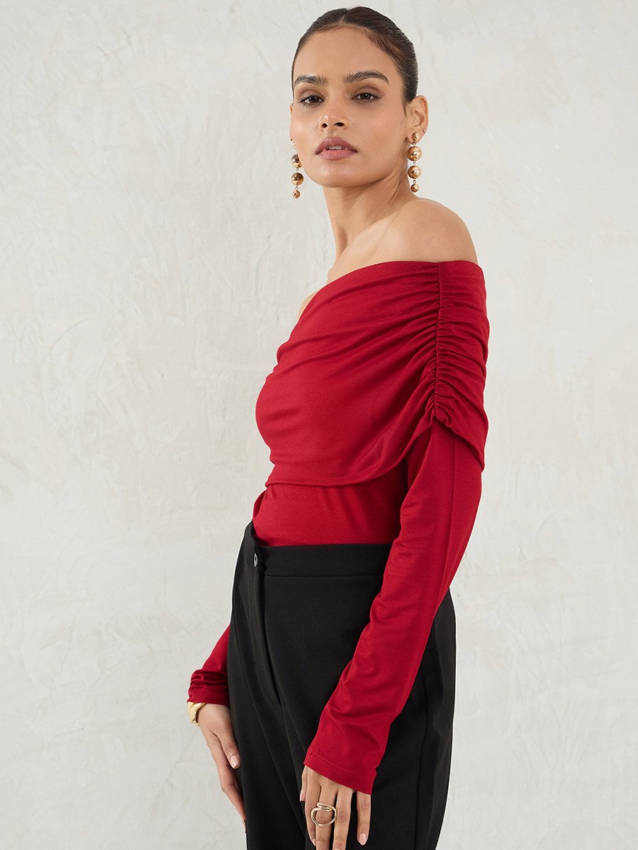 Deep Red Knit Bardot Neck Ruched Detail Top