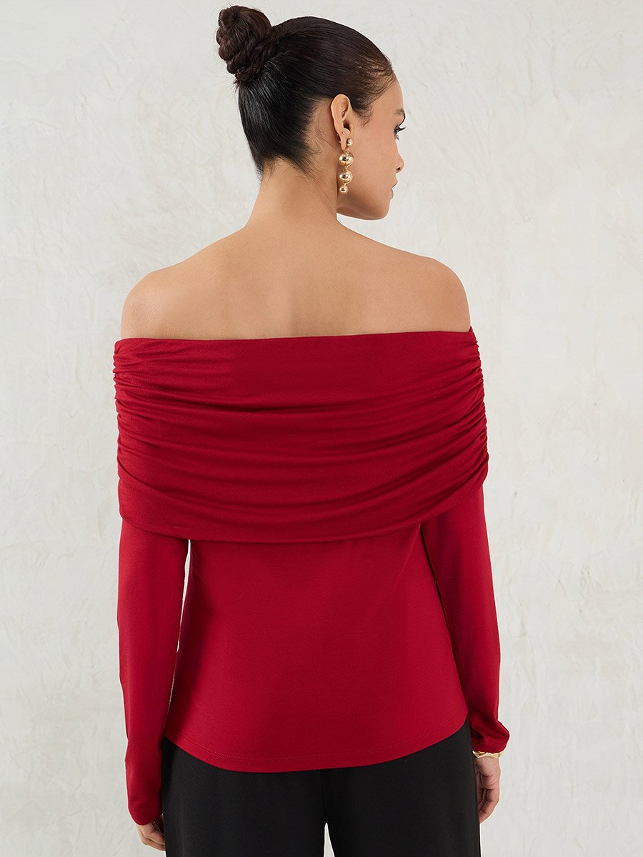 Deep Red Knit Bardot Neck Ruched Detail Top