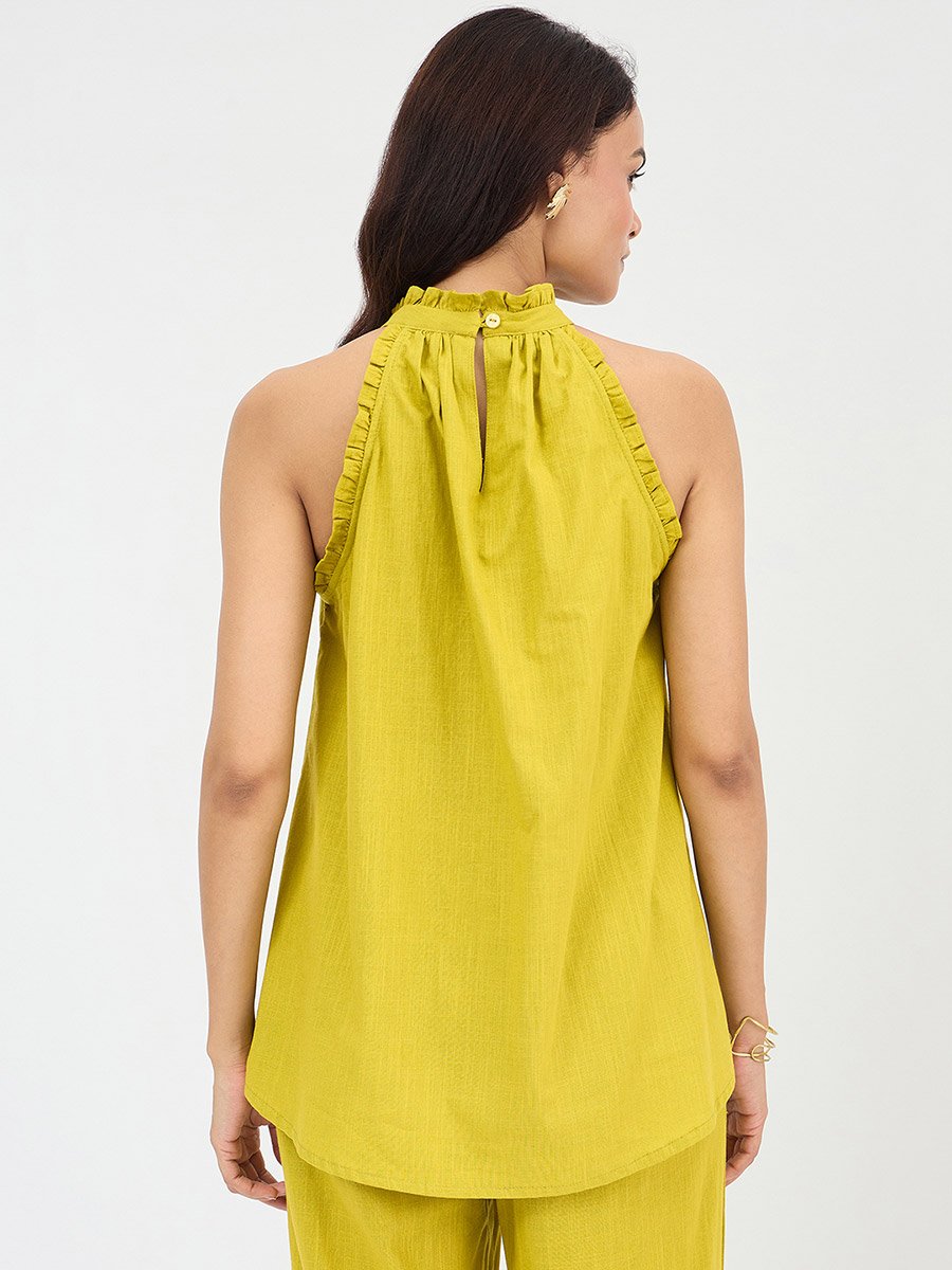 Citrine Green Cotton Halter Neck Top