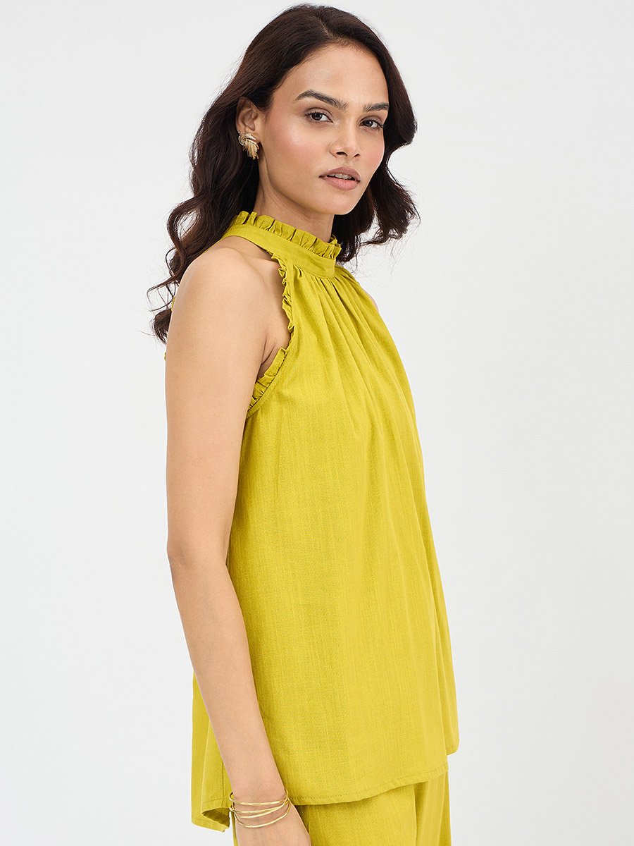 Citrine Green Cotton Halter Neck Top