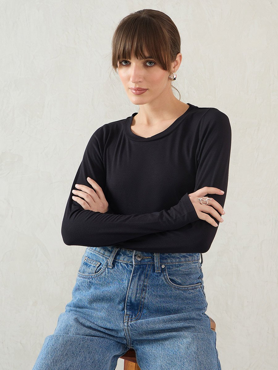 Black Long Sleeve Knit Crew Neck T-Shirt