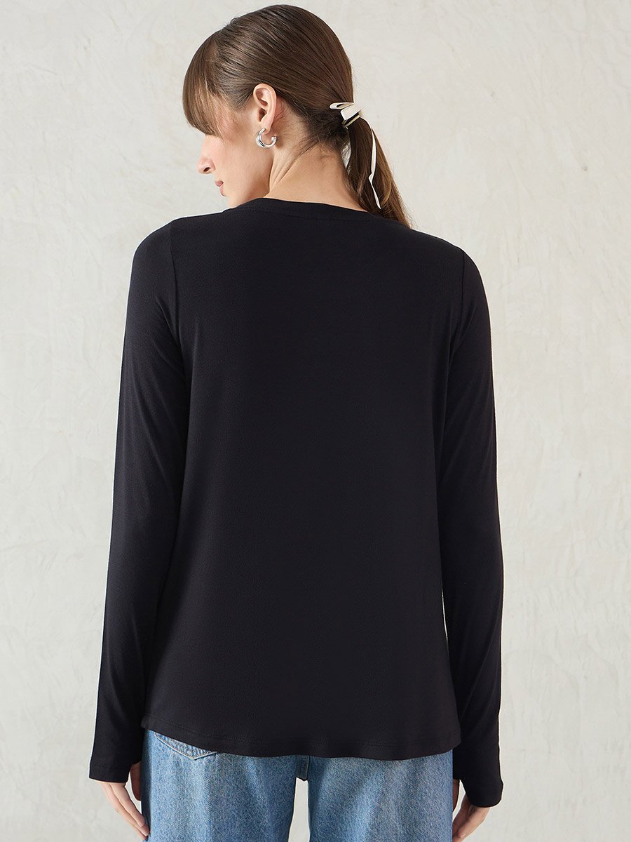 Black Long Sleeve Knit Crew Neck T-Shirt