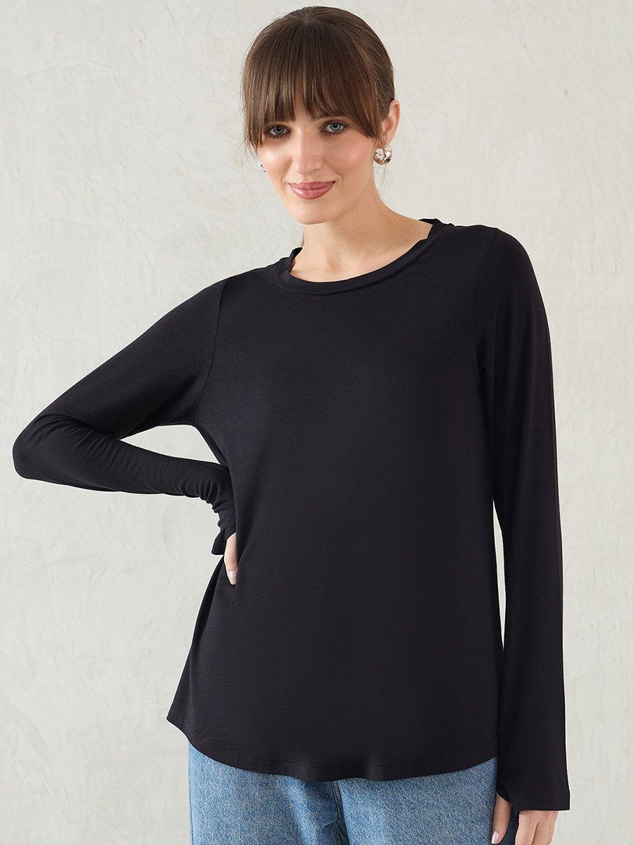 Black Long Sleeve Knit Crew Neck T-Shirt