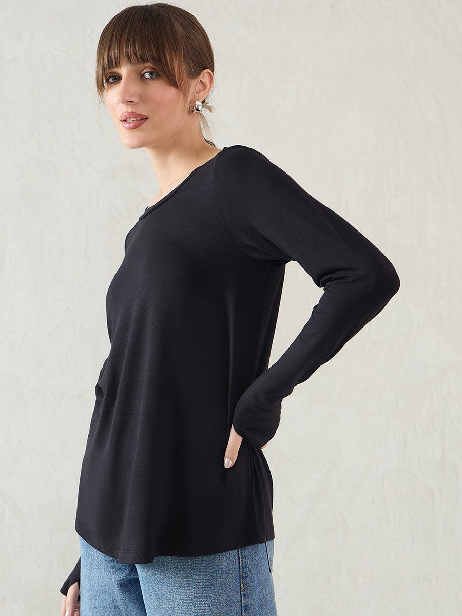 Black Long Sleeve Knit Crew Neck T-Shirt