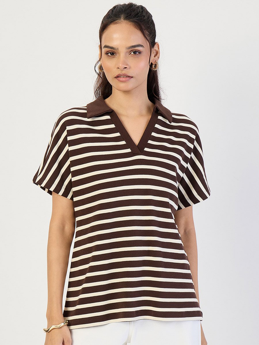 Brown Striped Knit Polo T-Shirt