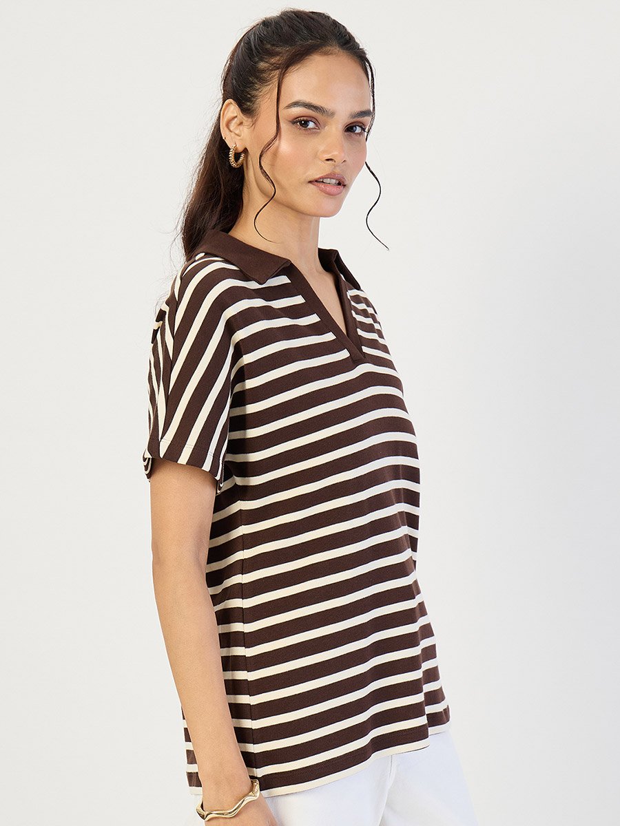 Brown Striped Knit Polo T-Shirt