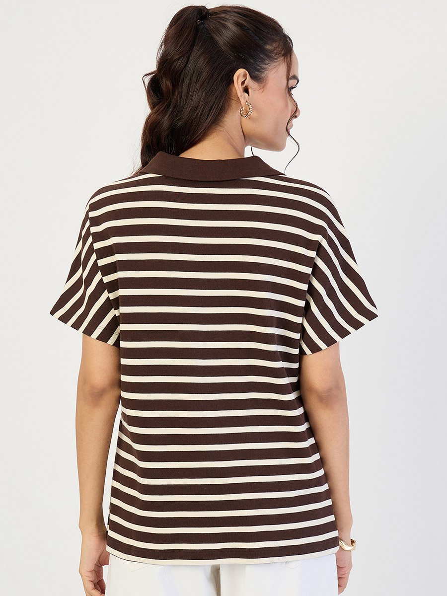 Brown Striped Knit Polo T-Shirt