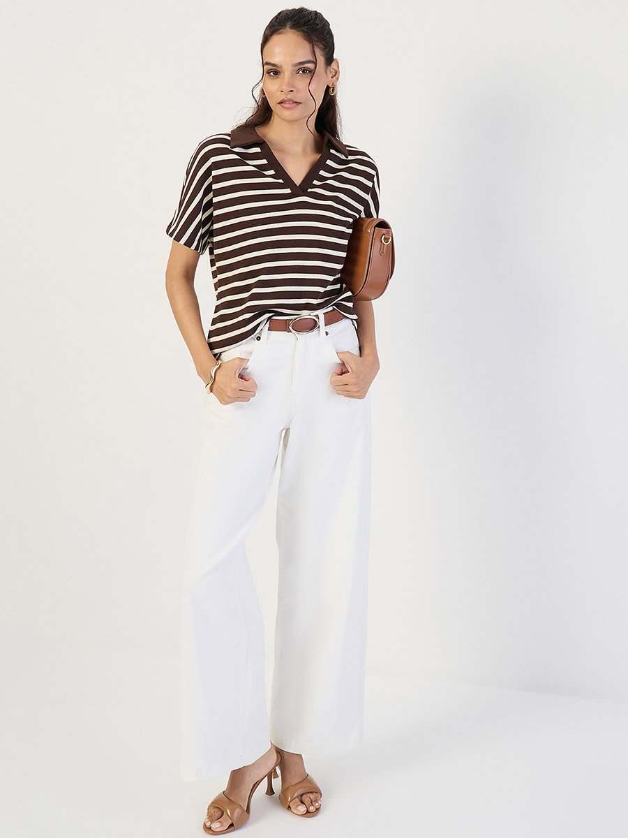 Brown Striped Knit Polo T-Shirt