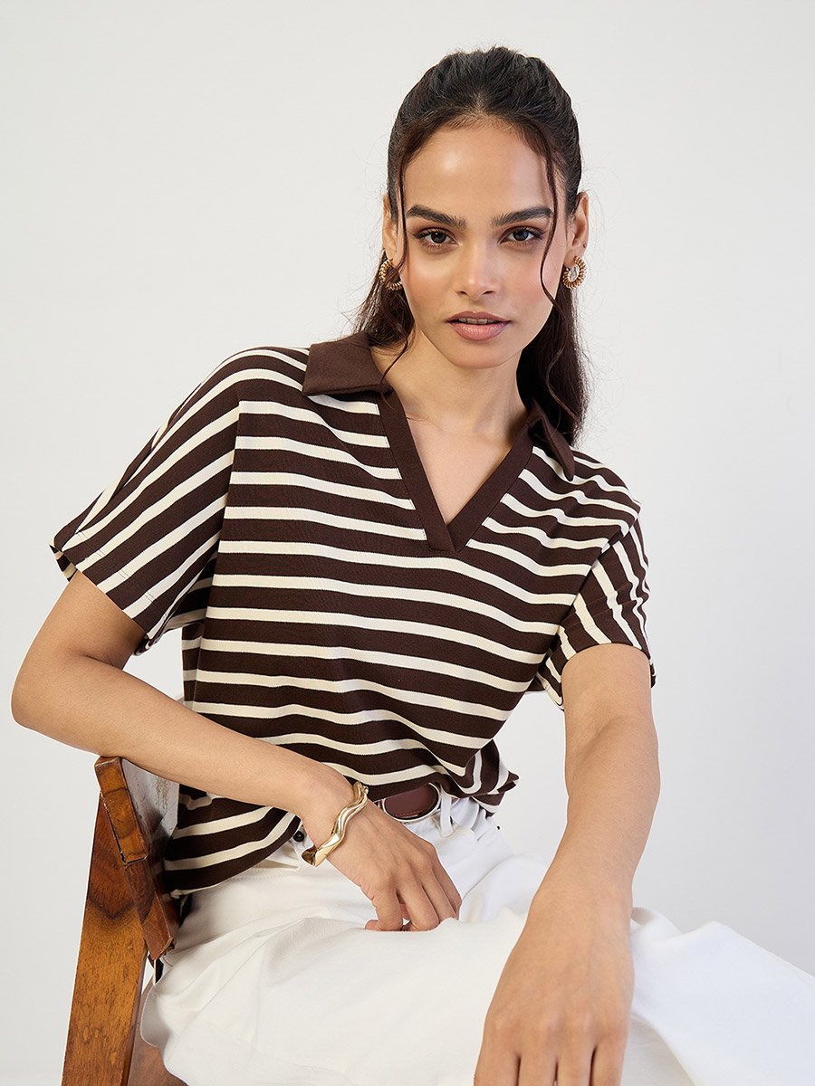 Brown Striped Knit Polo T-Shirt