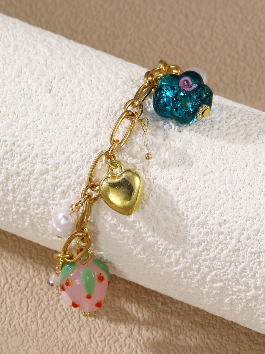  Heart Strawberry Floral Faux Pearl Charm Bracelet