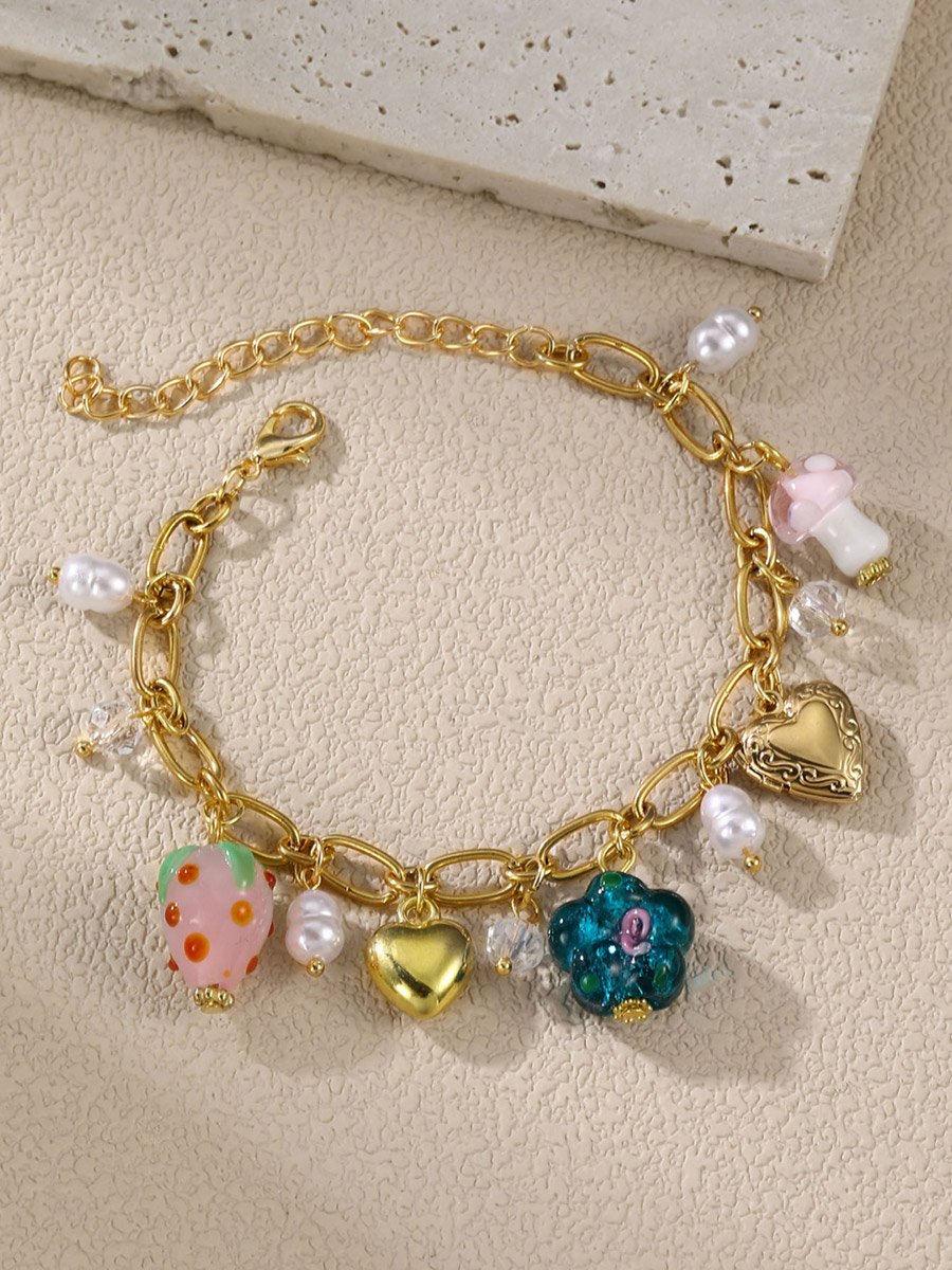  Heart Strawberry Floral Faux Pearl Charm Bracelet