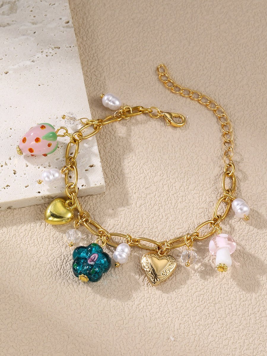  Heart Strawberry Floral Faux Pearl Charm Bracelet