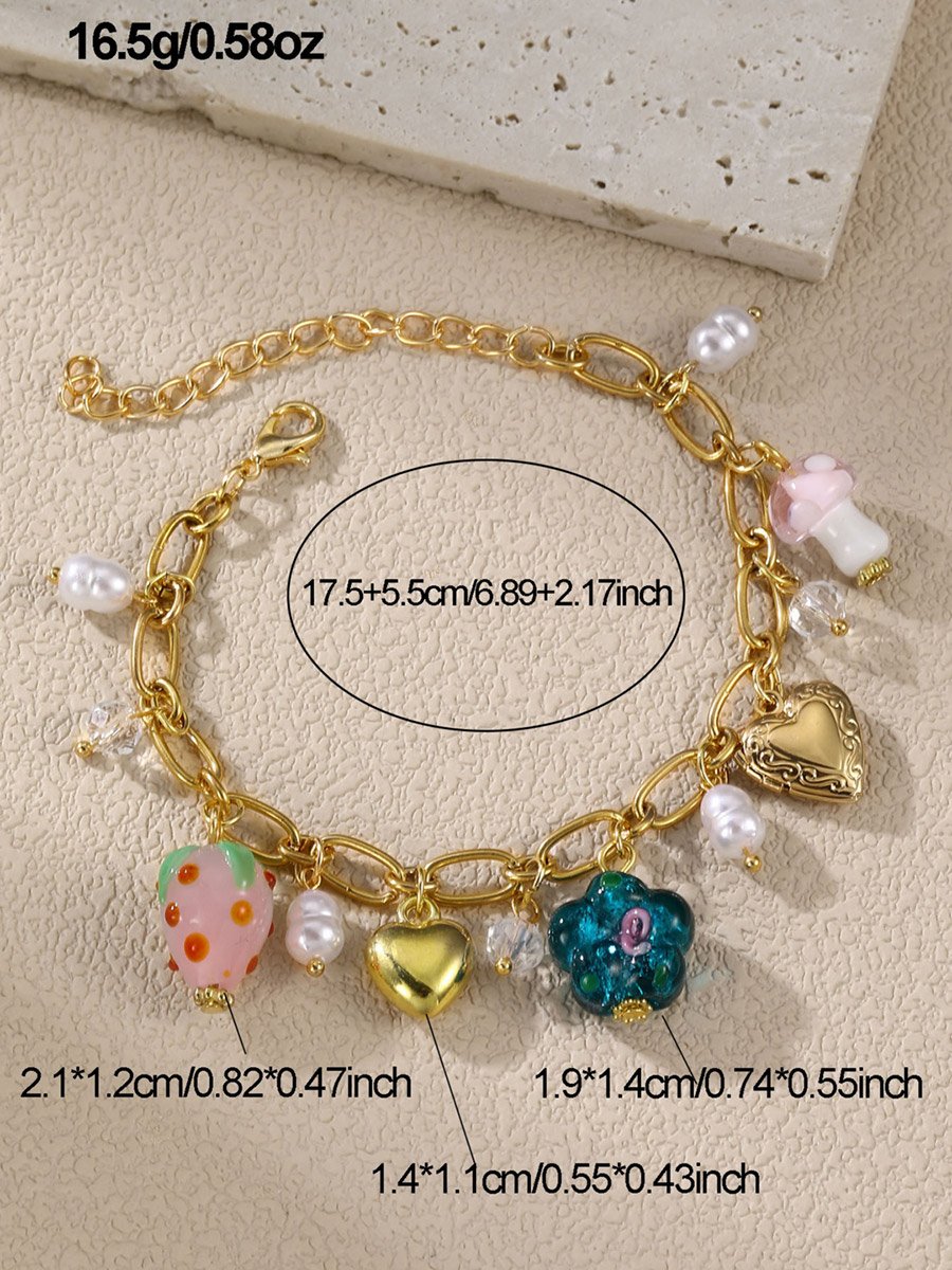  Heart Strawberry Floral Faux Pearl Charm Bracelet