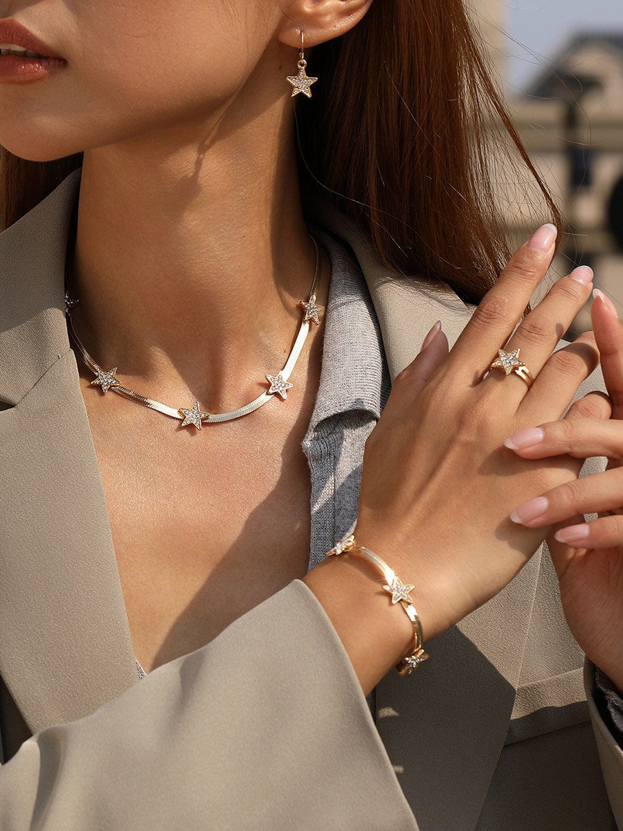 Set of 4 - Star Shape Necklace and Bracelet with Ring and Earrings