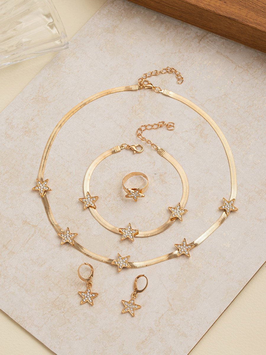 Set of 4 - Star Shape Necklace and Bracelet with Ring and Earrings
