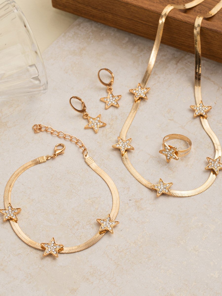 Set of 4 - Star Shape Necklace and Bracelet with Ring and Earrings