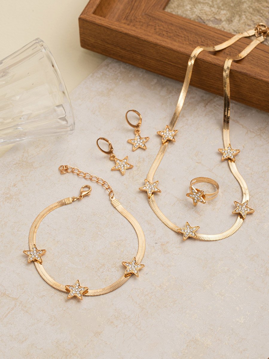 Set of 4 - Star Shape Necklace and Bracelet with Ring and Earrings