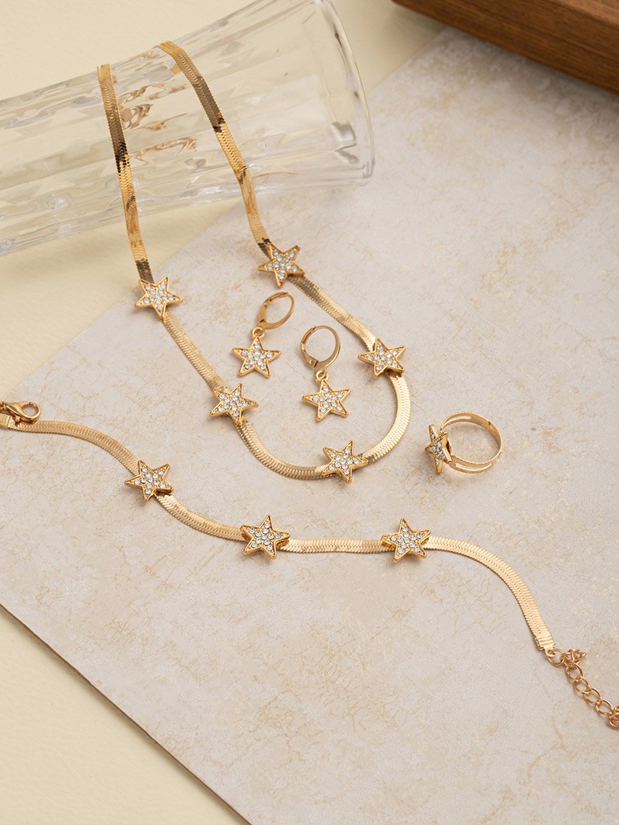 Set of 4 - Star Shape Necklace and Bracelet with Ring and Earrings