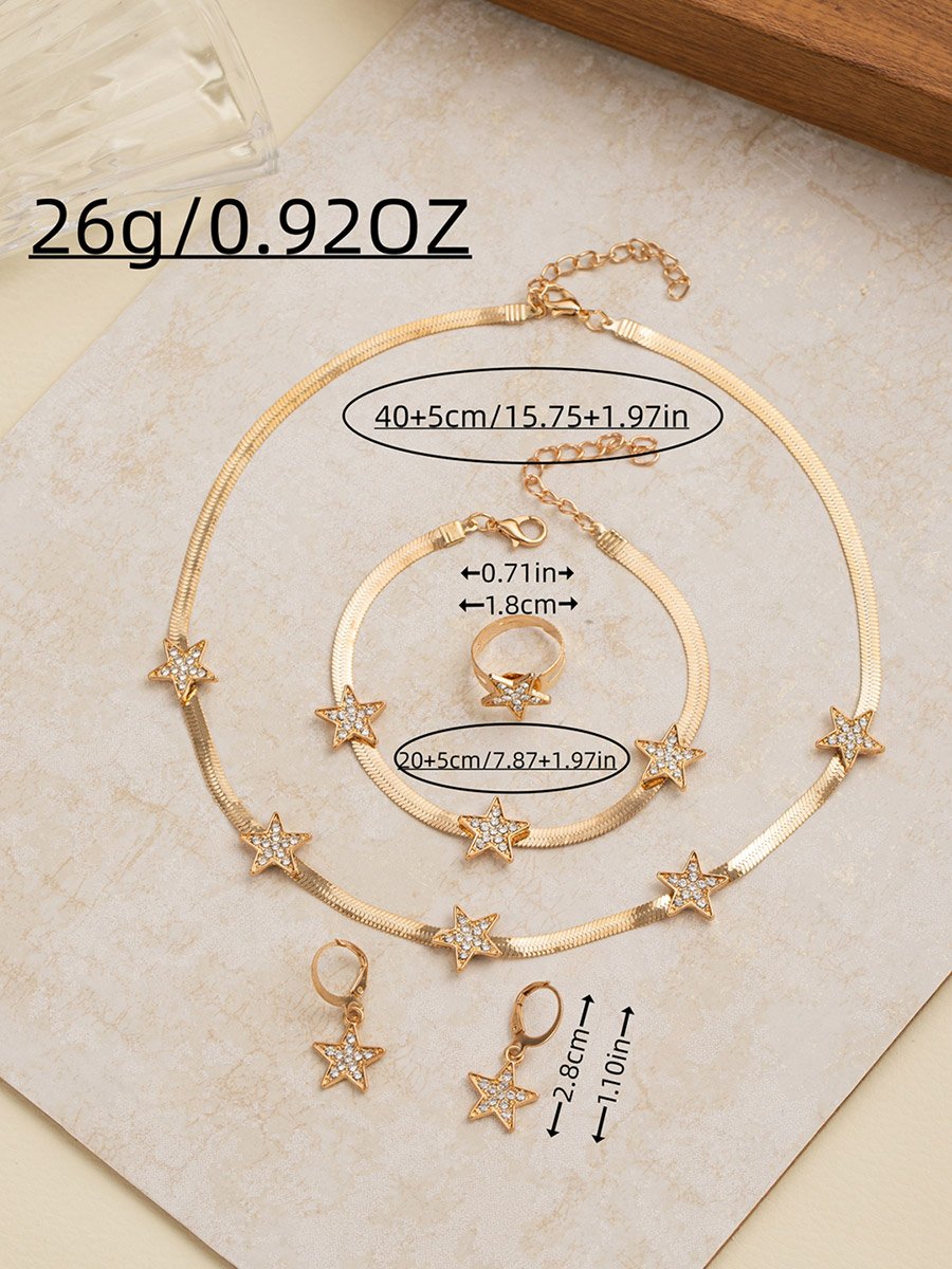 Set of 4 - Star Shape Necklace and Bracelet with Ring and Earrings