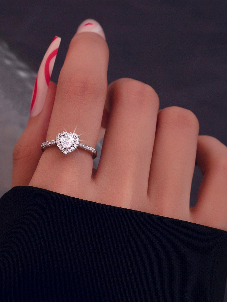 Silver Heart Rhinestone Embellished Ring