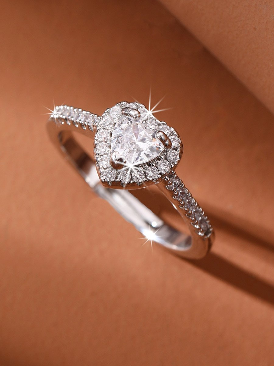 Silver Heart Rhinestone Embellished Ring