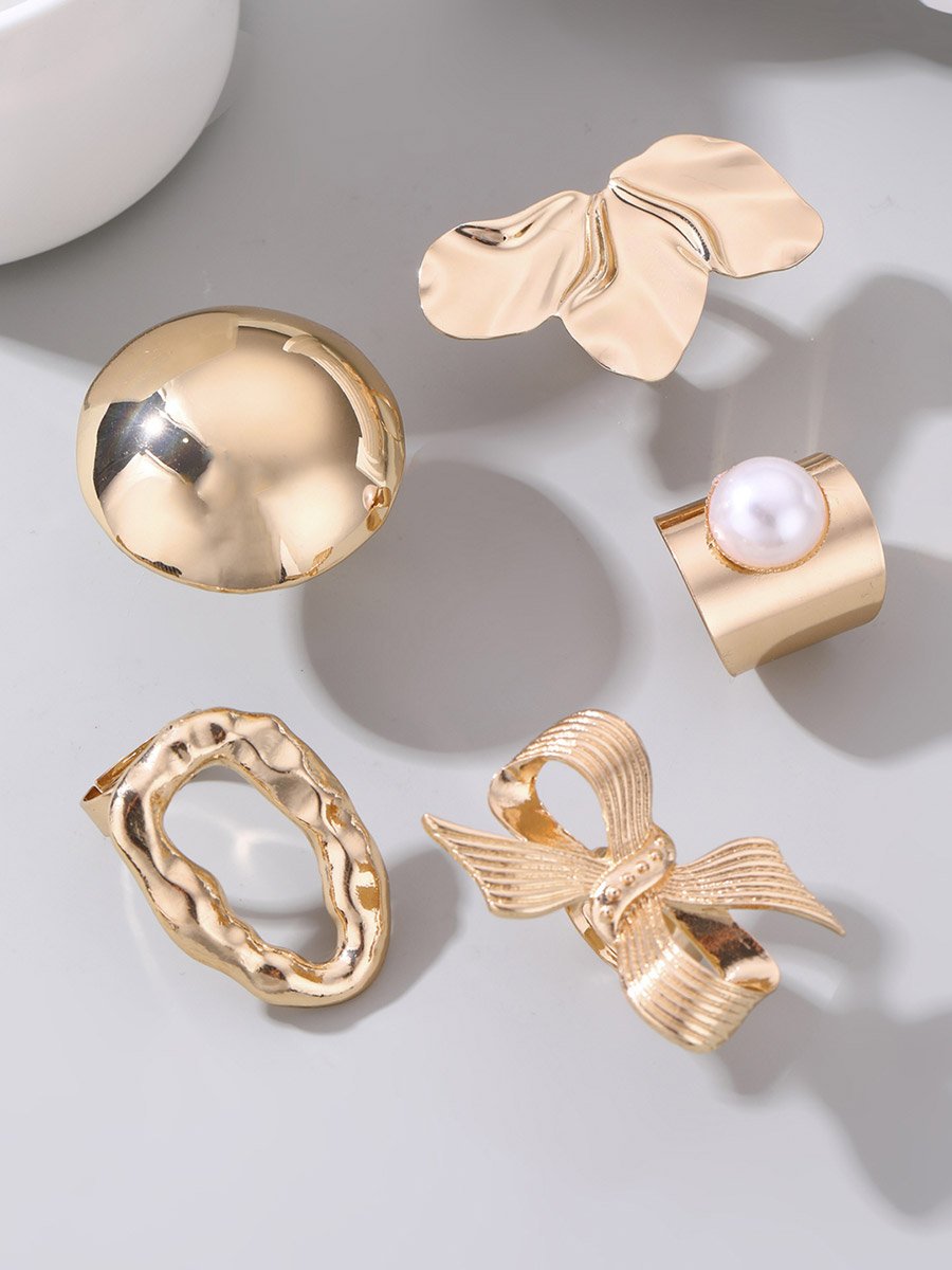 Set of 5 - Geometric Round Bow Embellished Ring