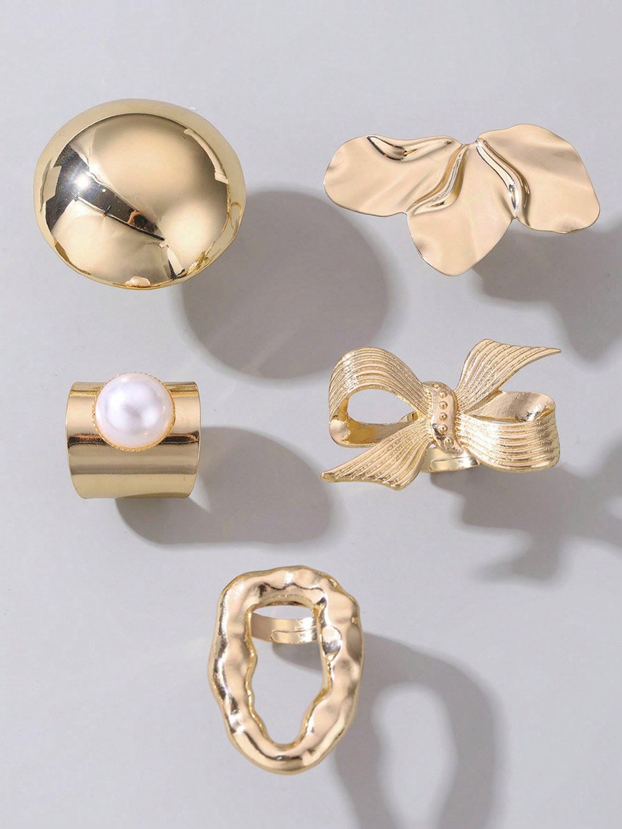 Set of 5 - Geometric Round Bow Embellished Ring