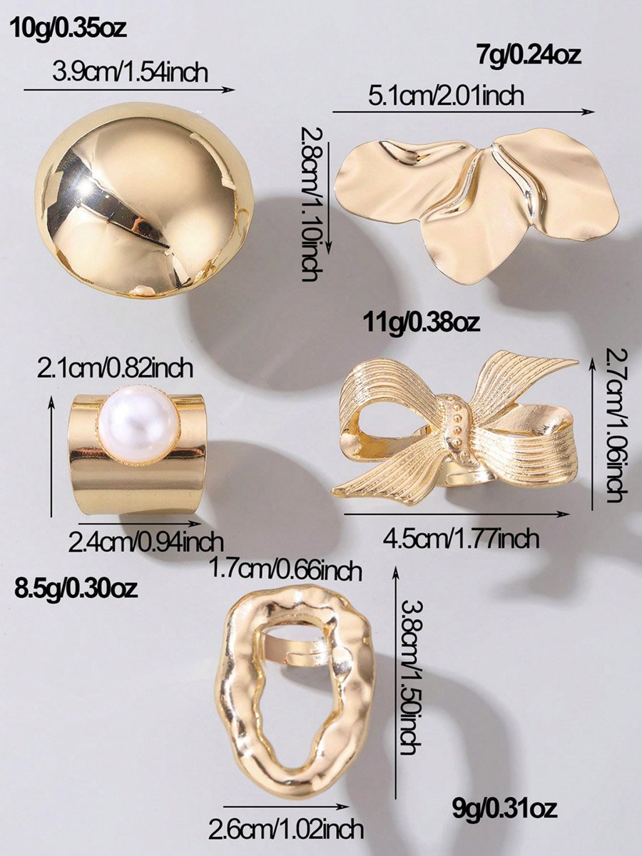 Set of 5 - Geometric Round Bow Embellished Ring