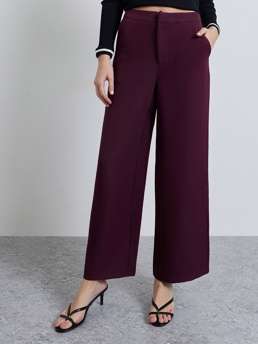 Burgundy Solid Wide Leg Trousers