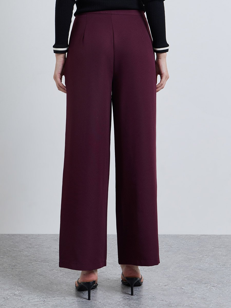 Burgundy Solid Wide Leg Trousers