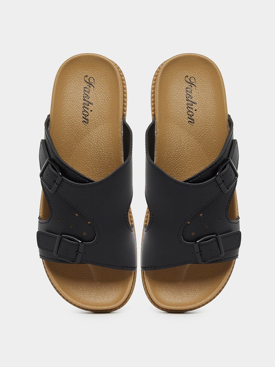 Men Black Buckle Sandals
