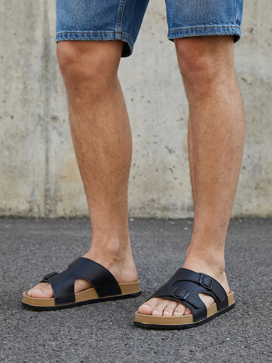 Men Black Buckle Sandals