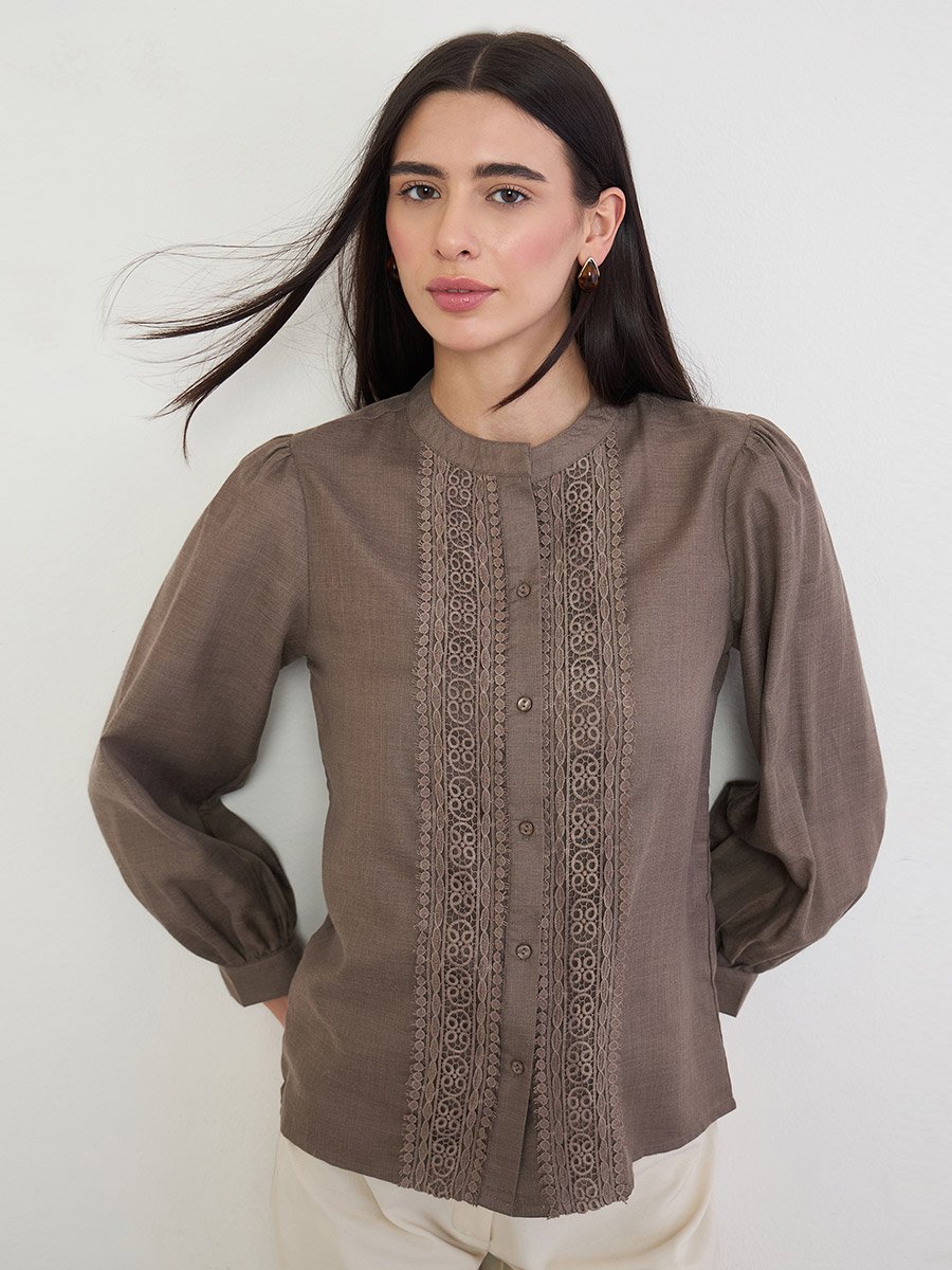 Brown Lace Trim Long Sleeve Blouse