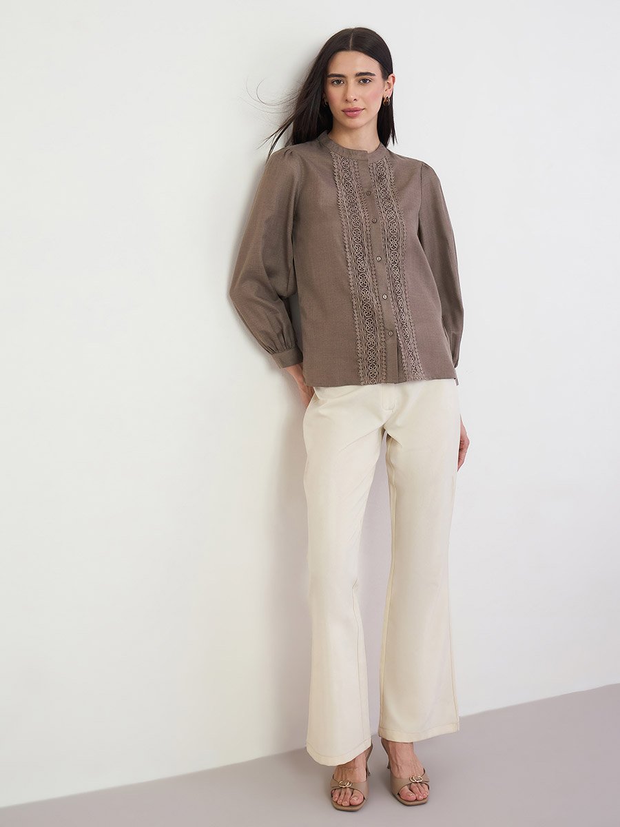 Brown Lace Trim Long Sleeve Blouse
