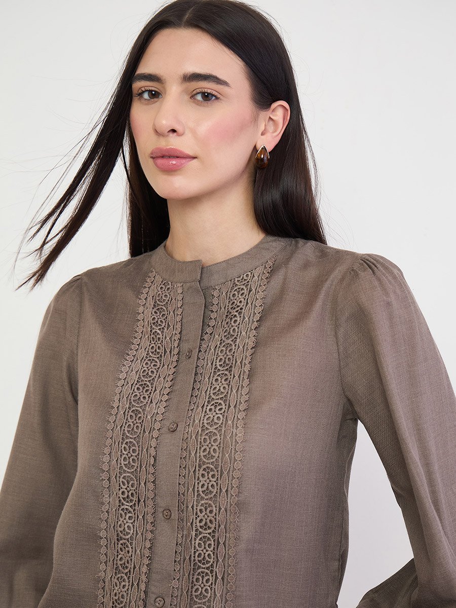 Brown Lace Trim Long Sleeve Blouse